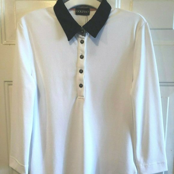 NWT $139 GOLFINO Sz 6 or S Women's Polo Shirt 5 Buttons 3/4 Sleeve White Black - Picture 1 of 12